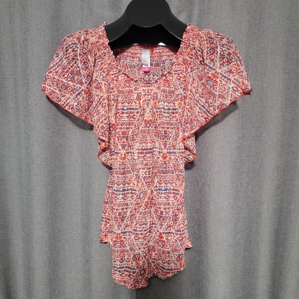No Boundaries Red White Blue Mesh Flowy Short Sleeve Blouse Medium